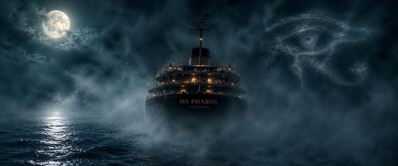 The MS Pharos, a lit ocean liner marked Alexandria, sailing through fog on a moonlit sea, with the Eye of Horus formed in the mist