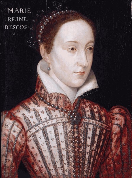 Portrait of Mary, Queen of Scots in a red embroidered gown with a high white ruff and a string of pearls in her hair, inscribed Marie Reine d'Escosse
