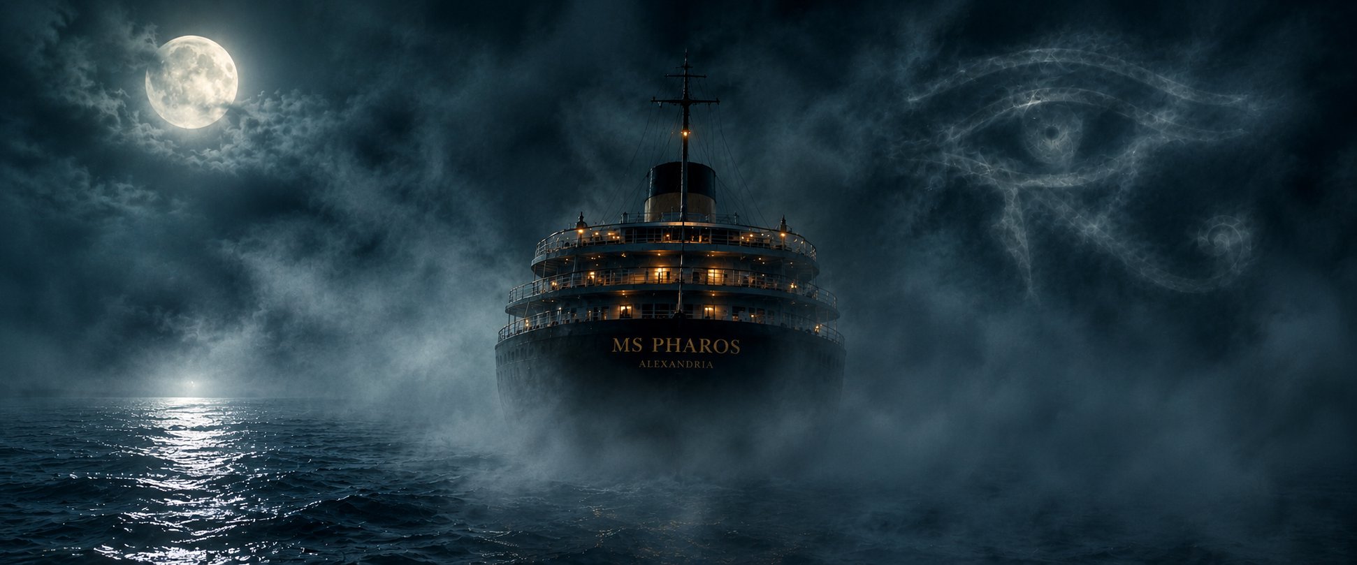 The MS Pharos sailing through fog under a full moon — Duat: Last Voyage of the Pharos